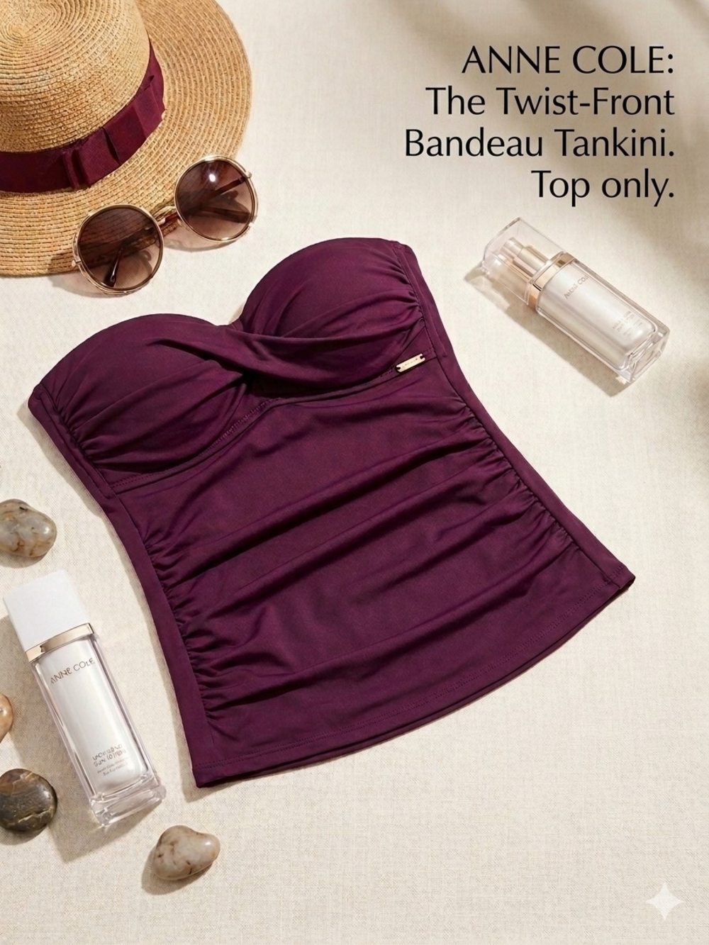 Anne Cole Plum Burgundy Twist Front Bandeau Tankini Top Ruched XS